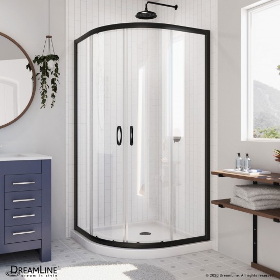 Prime 36 in. x 74 3/4 in. Semi-Frameless Clear Glass Sliding Shower Enclosure in Satin Black with White Base Kit