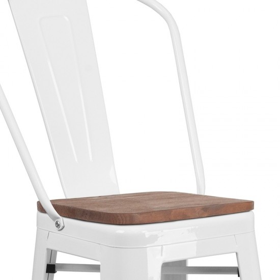 30" High White Metal Barstool with Back and Wood Seat