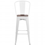 30" High White Metal Barstool with Back and Wood Seat