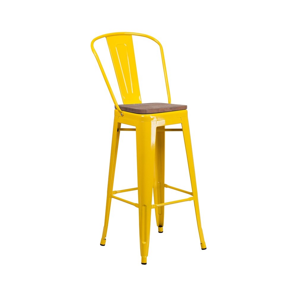 30" High Yellow Metal Barstool with Back and Wood Seat