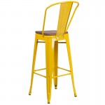 30" High Yellow Metal Barstool with Back and Wood Seat