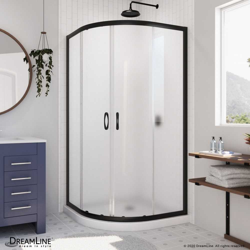 Prime 38 in. x 74 3/4 in. Semi-Frameless Frosted Glass Sliding Shower Enclosure in Satin Black with White Base Kit