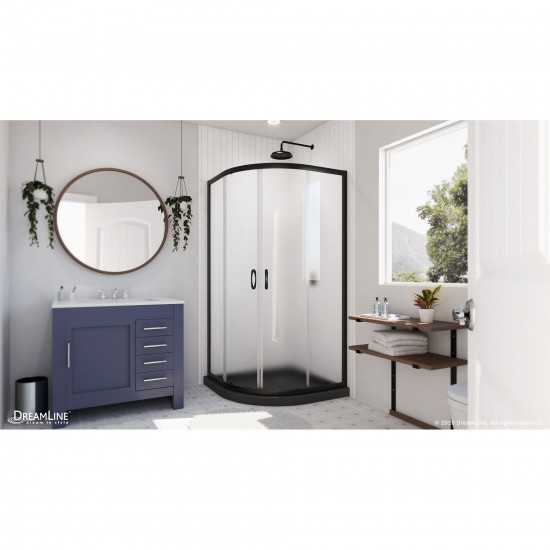 Prime 38 in. x 74 3/4 in. Semi-Frameless Frosted Glass Sliding Shower Enclosure in Satin Black with Black Base Kit