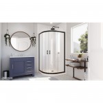 Prime 33 in. x 74 3/4 in. Semi-Frameless Clear Glass Sliding Shower Enclosure in Satin Black with Biscuit Base Kit