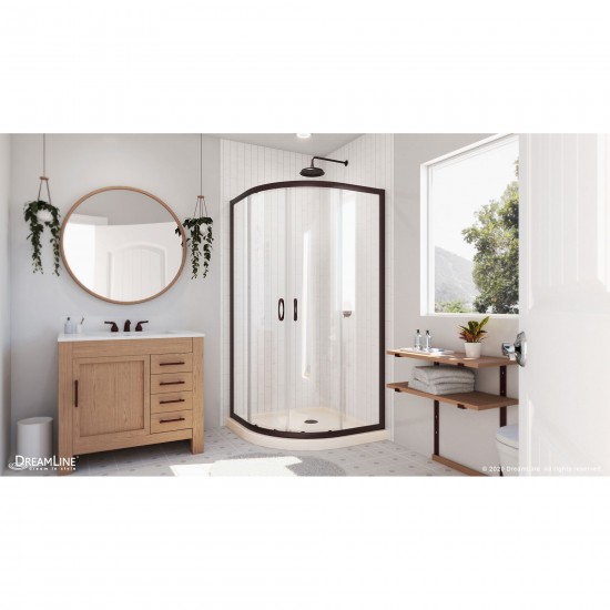 Prime 38 in. x 74 3/4 in. Semi-Frameless Clear Glass Sliding Shower Enclosure in Oil Rubbed Bronze with Biscuit Base Kit