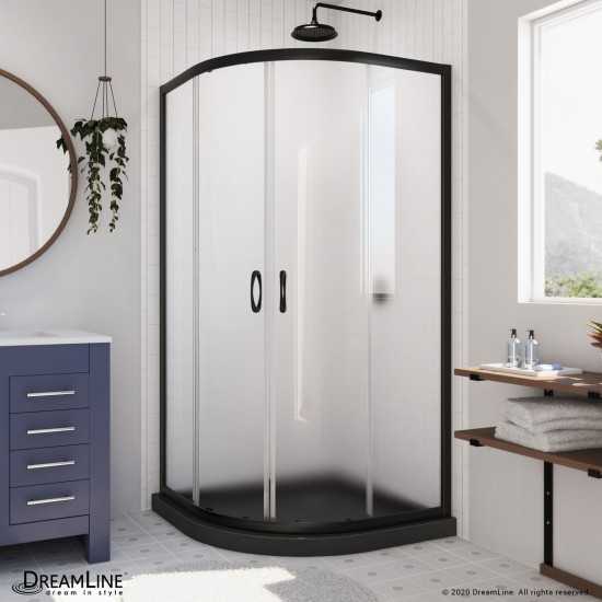 Prime 36 in. x 74 3/4 in. Semi-Frameless Frosted Glass Sliding Shower Enclosure in Satin Black with Black Base Kit