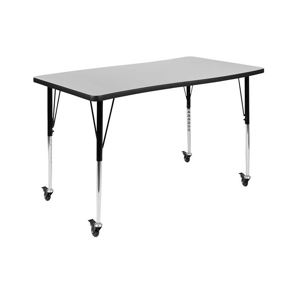 Mobile 28"W x 47.5"L Rectangular Wave Collaborative Grey Thermal Laminate Activity Table-Standard Height Adjustable Legs