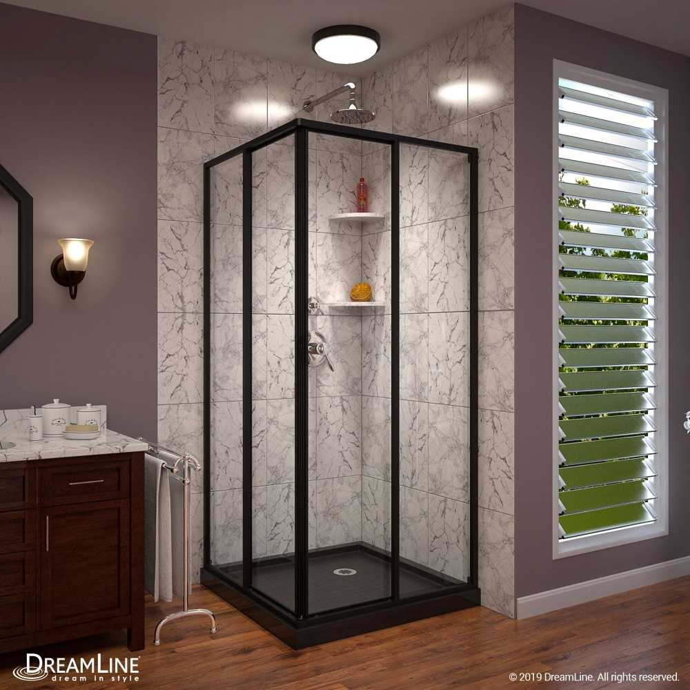 Cornerview 36 in. D x 36 in. W x 74 3/4 in. H Framed Sliding Shower Enclosure and Shower Base Kit in Satin Black