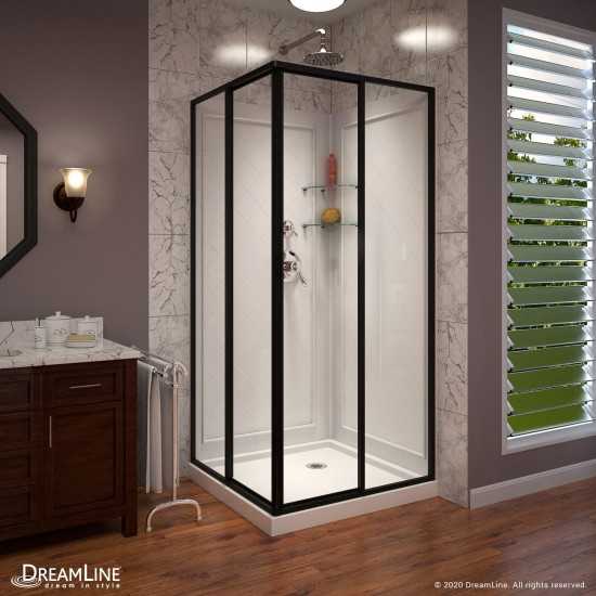 Cornerview 36 in. D x 36 in. W Framed Sliding Shower Enclosure, Shower Base and Acrylic Backwall Kit in Satin Black