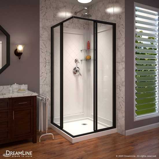 Cornerview 36 in. D x 36 in. W Framed Sliding Shower Enclosure, Shower Base and Acrylic Backwall Kit in Satin Black