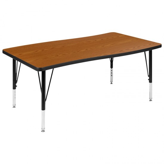 28"W x 47.5"L Rectangular Wave Collaborative Oak Thermal Laminate Activity Table - Height Adjustable Short Legs