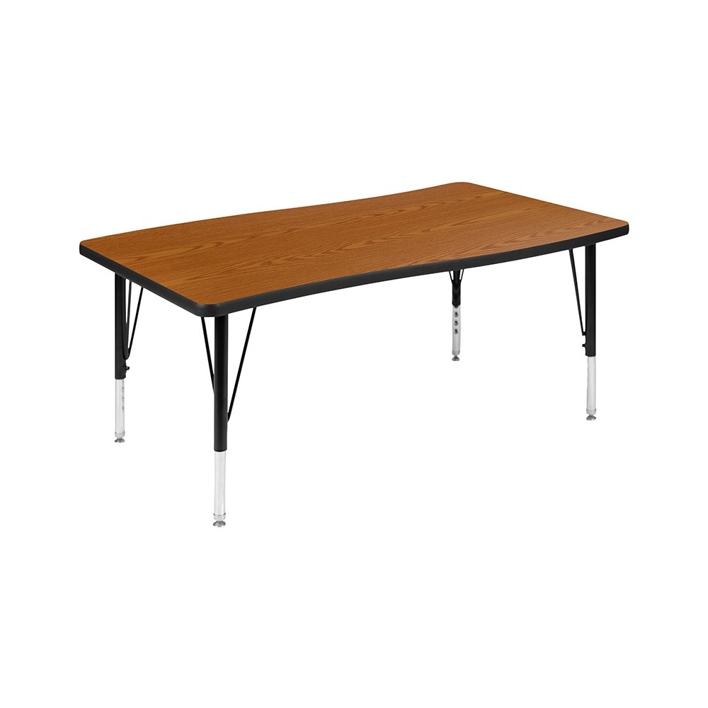 28"W x 47.5"L Rectangular Wave Collaborative Oak Thermal Laminate Activity Table - Height Adjustable Short Legs