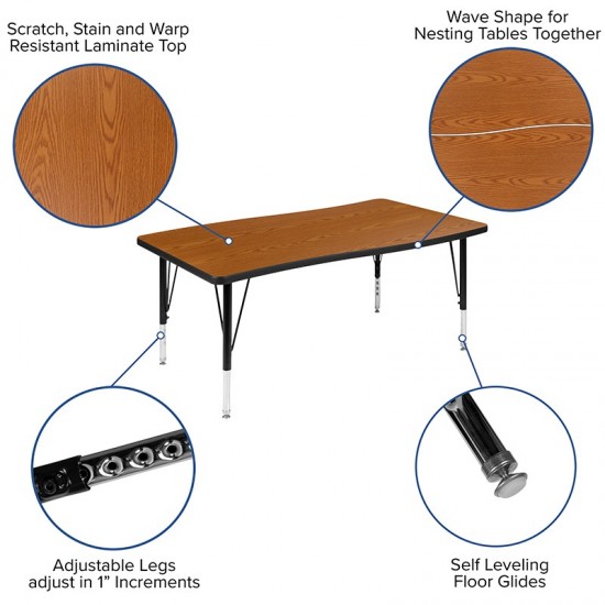 28"W x 47.5"L Rectangular Wave Collaborative Oak Thermal Laminate Activity Table - Height Adjustable Short Legs