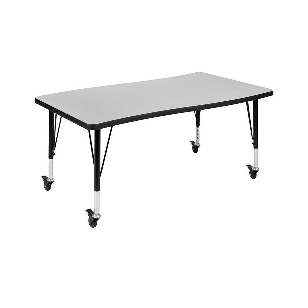 Mobile 28"W x 47.5"L Rectangular Wave Collaborative Grey Thermal Laminate Activity Table - Height Adjustable Short Legs