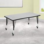 Mobile 28"W x 47.5"L Rectangular Wave Collaborative Grey Thermal Laminate Activity Table - Height Adjustable Short Legs