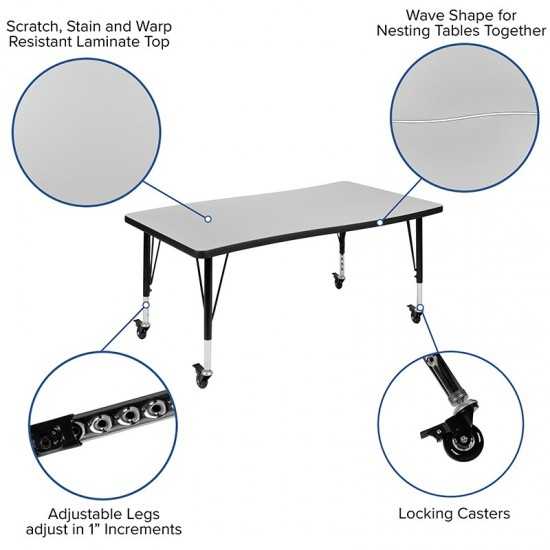 Mobile 28"W x 47.5"L Rectangular Wave Collaborative Grey Thermal Laminate Activity Table - Height Adjustable Short Legs