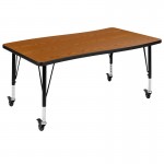 Mobile 28"W x 47.5"L Rectangular Wave Collaborative Oak Thermal Laminate Activity Table - Height Adjustable Short Legs