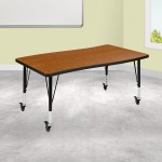 Mobile 28"W x 47.5"L Rectangular Wave Collaborative Oak Thermal Laminate Activity Table - Height Adjustable Short Legs