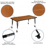 Mobile 28"W x 47.5"L Rectangular Wave Collaborative Oak Thermal Laminate Activity Table - Height Adjustable Short Legs