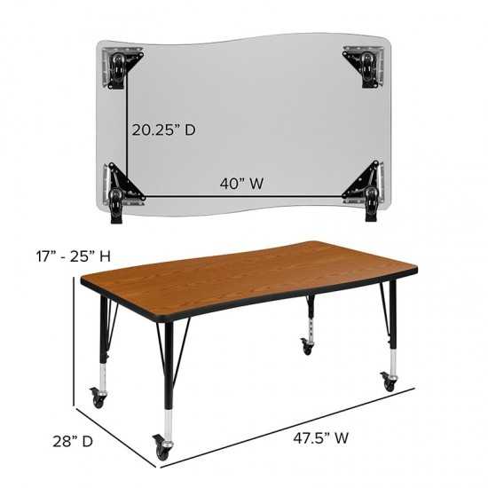 Mobile 28"W x 47.5"L Rectangular Wave Collaborative Oak Thermal Laminate Activity Table - Height Adjustable Short Legs