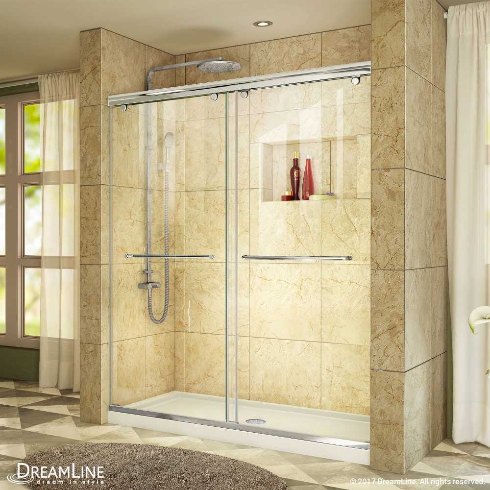 Charisma 32 in. D x 60 in. W x 78 3/4 in. H Frameless Bypass Shower Door in Chrome with Center Drain White Base