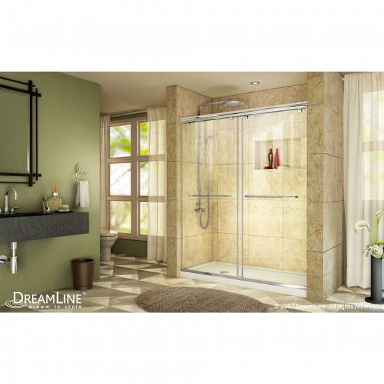 Charisma 32 in. D x 60 in. W x 78 3/4 in. H Frameless Bypass Shower Door in Chrome with Left Drain White Base