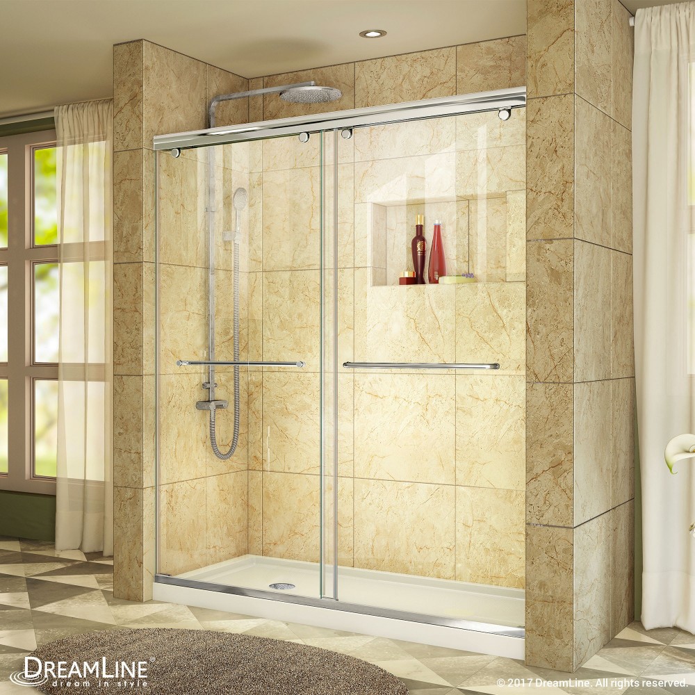 Charisma 34 in. D x 60 in. W x 78 3/4 in. H Frameless Bypass Shower Door in Chrome with Left Drain White Base