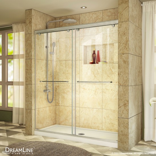 Charisma 30 in. D x 60 in. W x 78 3/4 in. H Frameless Bypass Shower Door in Brushed Nickel with Center Drain White Base