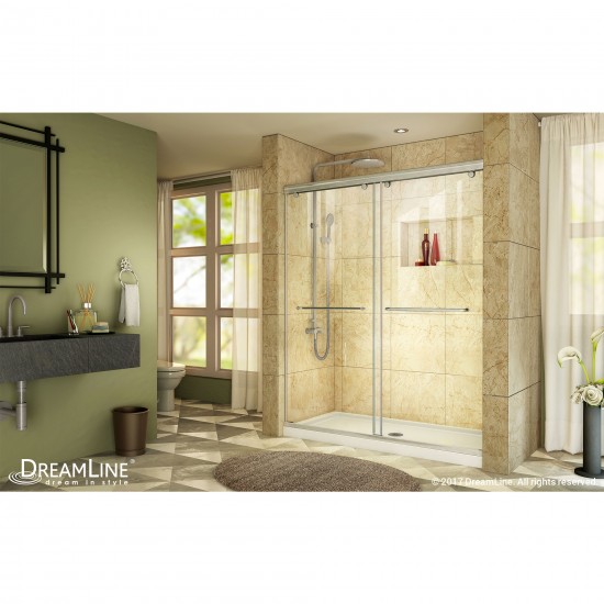 Charisma 34 in. D x 60 in. W x 78 3/4 in. H Frameless Bypass Shower Door in Brushed Nickel with Center Drain White Base