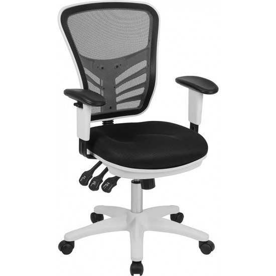 Mid-Back Black Mesh Multifunction Executive Swivel Ergonomic Office Chair with Adjustable Arms and White Frame