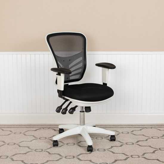 Mid-Back Black Mesh Multifunction Executive Swivel Ergonomic Office Chair with Adjustable Arms and White Frame