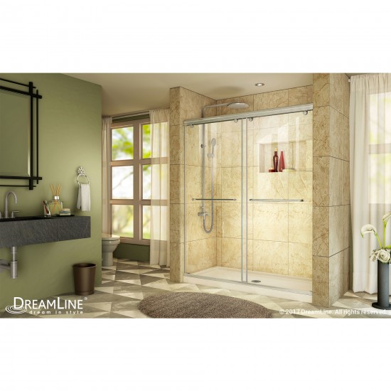 Charisma 30 in. D x 60 in. W x 78 3/4 in. H Frameless Bypass Shower Door in Brushed Nickel and Center Drain Biscuit Base