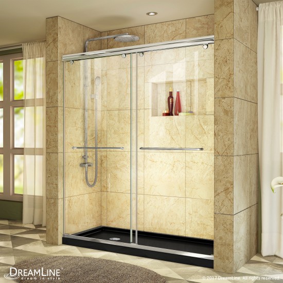 Charisma 30 in. D x 60 in. W x 78 3/4 in. H Frameless Bypass Shower Door in Chrome with Left Drain Black Base