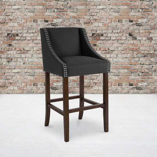 Carmel Series 30" High Transitional Walnut Barstool with Accent Nail Trim in Charcoal Fabric