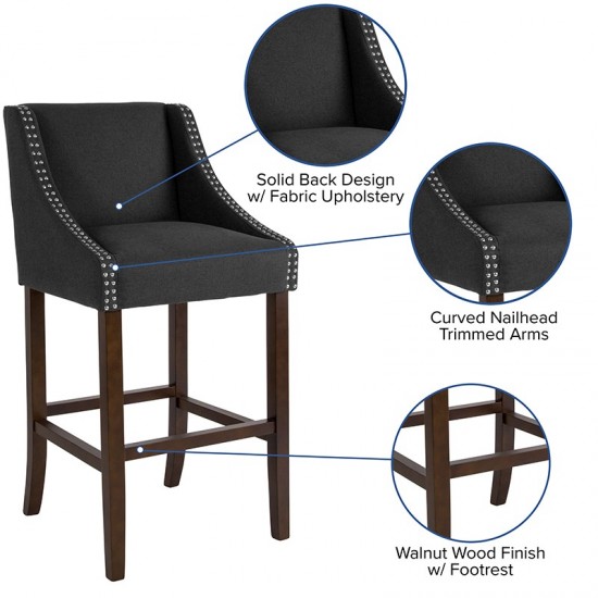 Carmel Series 30" High Transitional Walnut Barstool with Accent Nail Trim in Charcoal Fabric