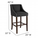 Carmel Series 30" High Transitional Walnut Barstool with Accent Nail Trim in Charcoal Fabric