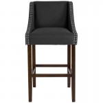 Carmel Series 30" High Transitional Walnut Barstool with Accent Nail Trim in Charcoal Fabric