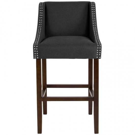 Carmel Series 30" High Transitional Walnut Barstool with Accent Nail Trim in Charcoal Fabric