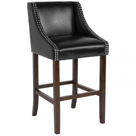 Carmel Series 30" High Transitional Walnut Barstool with Accent Nail Trim in Black LeatherSoft