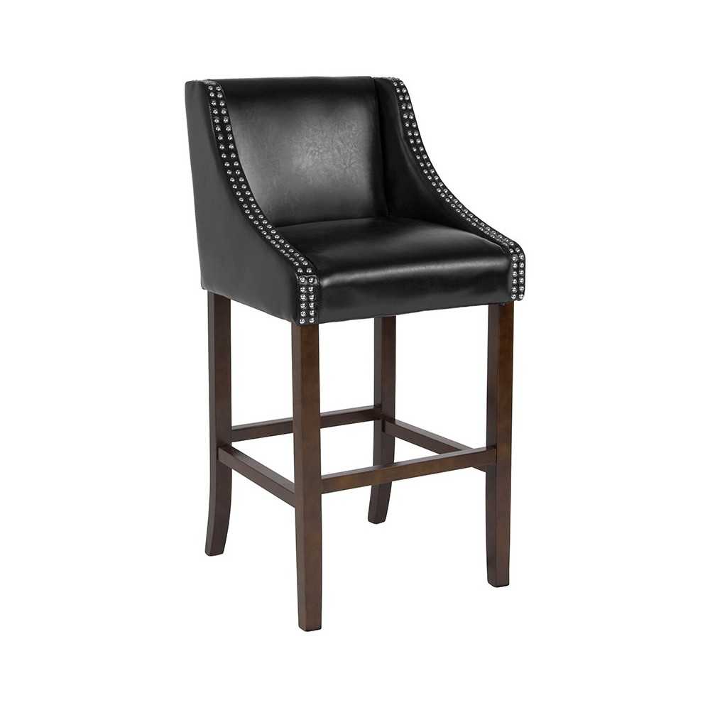 Carmel Series 30" High Transitional Walnut Barstool with Accent Nail Trim in Black LeatherSoft