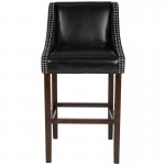 Carmel Series 30" High Transitional Walnut Barstool with Accent Nail Trim in Black LeatherSoft