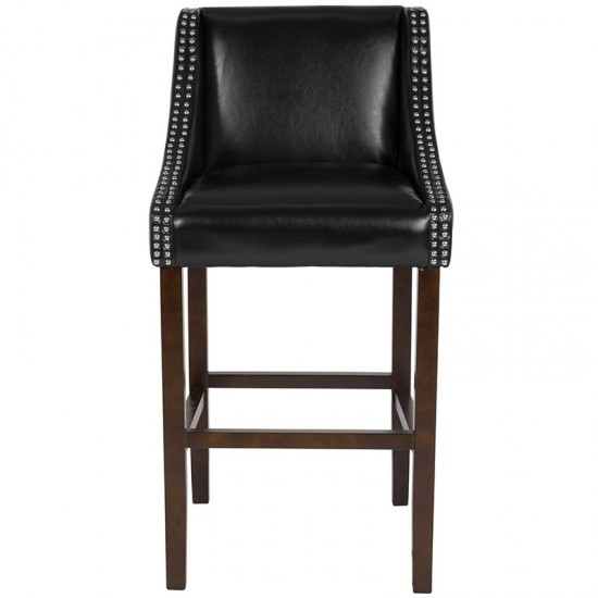 Carmel Series 30" High Transitional Walnut Barstool with Accent Nail Trim in Black LeatherSoft