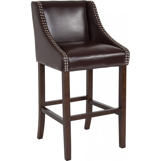 Carmel Series 30" High Transitional Walnut Barstool with Accent Nail Trim in Brown LeatherSoft