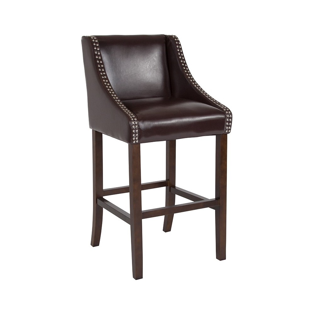 Carmel Series 30" High Transitional Walnut Barstool with Accent Nail Trim in Brown LeatherSoft