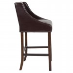 Carmel Series 30" High Transitional Walnut Barstool with Accent Nail Trim in Brown LeatherSoft