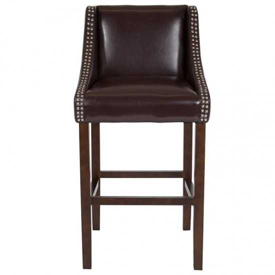 Carmel Series 30" High Transitional Walnut Barstool with Accent Nail Trim in Brown LeatherSoft