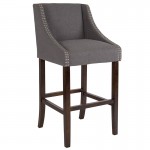 Carmel Series 30" High Transitional Walnut Barstool with Accent Nail Trim in Dark Gray Fabric