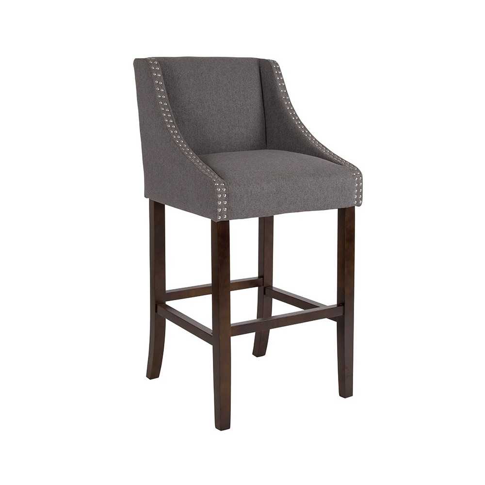 Carmel Series 30" High Transitional Walnut Barstool with Accent Nail Trim in Dark Gray Fabric