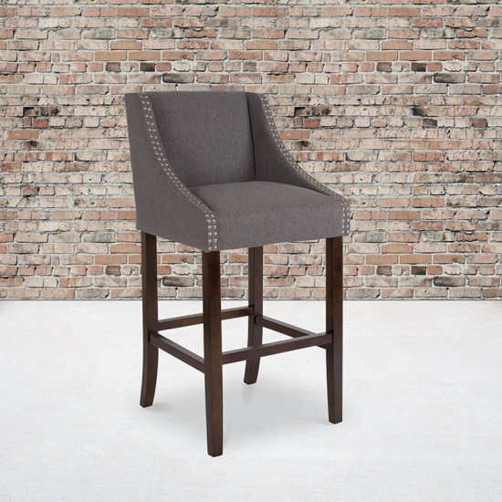 Carmel Series 30" High Transitional Walnut Barstool with Accent Nail Trim in Dark Gray Fabric