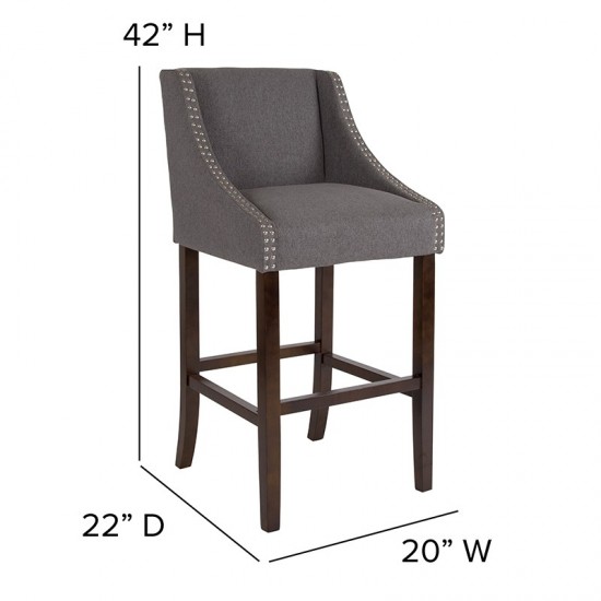 Carmel Series 30" High Transitional Walnut Barstool with Accent Nail Trim in Dark Gray Fabric